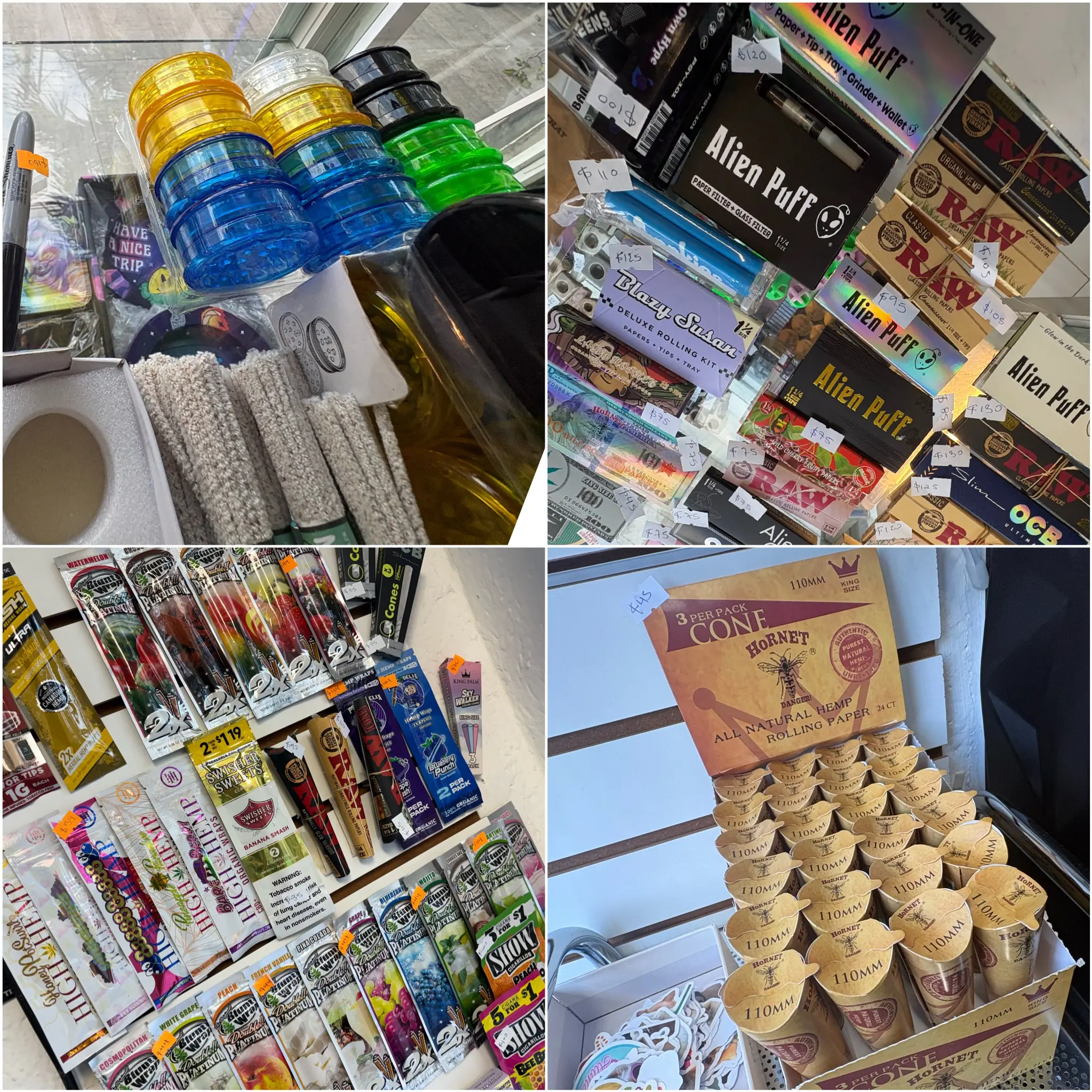 Grinders, rolling papers and pre-rolled cones at Moon Ink Smoke Shop Cancún